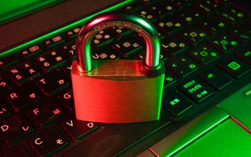 Laptop keyboard with a padlock representing ransomware protection
